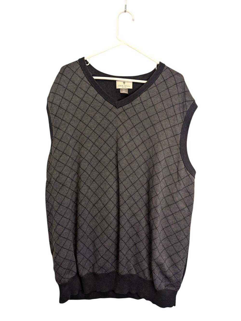 Oak Hill DXL Men's 4XL Big Tall 100% Cotton Sweater Vest Gray Windowpane V Neck